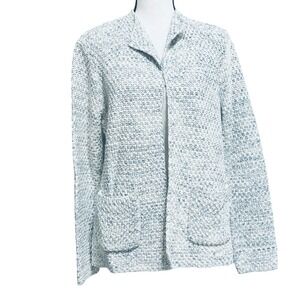 Orvis Women's Open Cardigan Sz M Blue & White Crochet Tweed Pockets Chunky